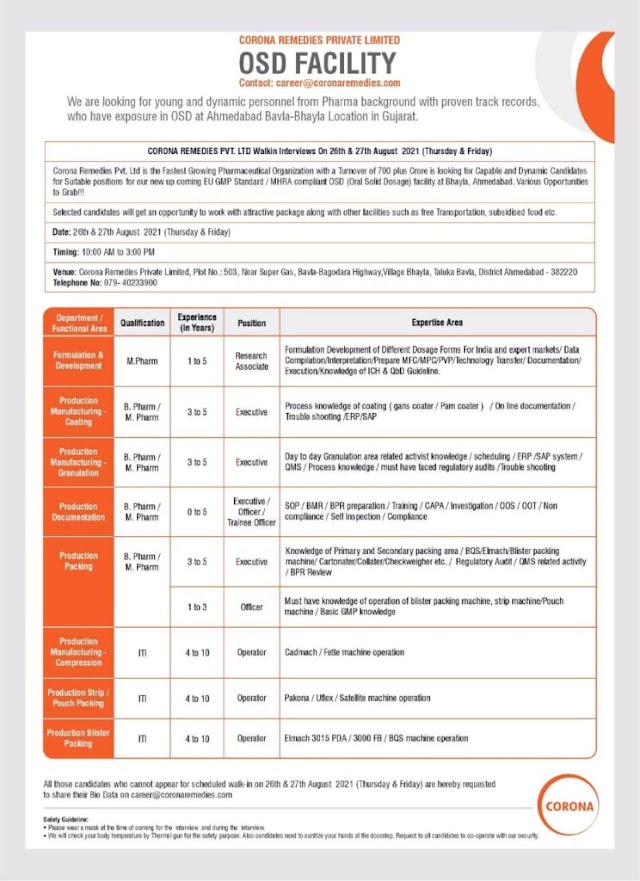 Corona Remedies | Walk-in interview at Ahmedabad on 26th & 27th Aug 2021