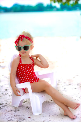 Kids 50's style, retro coca-cola photo shoot. Retro swimsuit and headband. Beach picture ideas