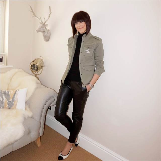 My Midlife Fashion, hush military jacket, marks and spencer pure cashmere polo neck jumper, zara faux leather trousers, j crew two tone pointed ballet flats, chanel vintage brooch