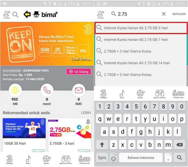 Cara Daftar Paket Tri 2.75GB 10000 Lewat Bima+ Terbaru