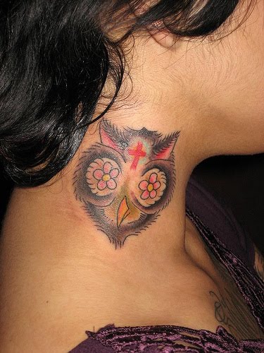 owl tattoo on neck women