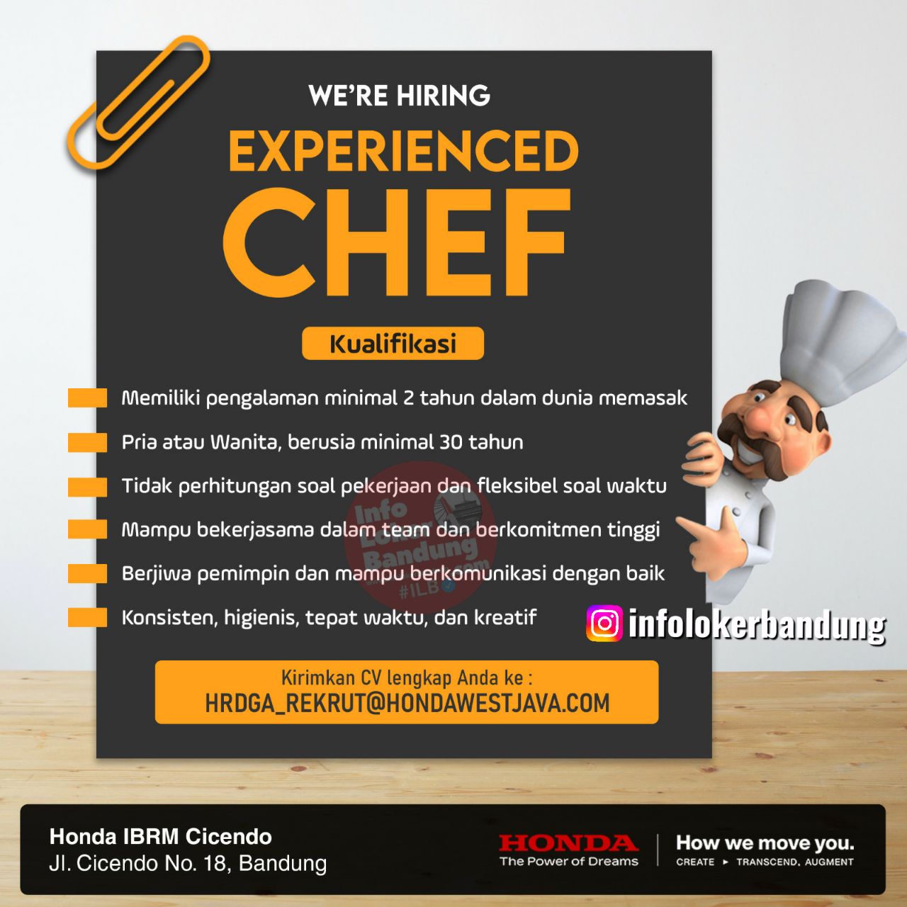 Lowongan Kerja Experienced Chef Honda IBRM Cicendo Bandung September 2024