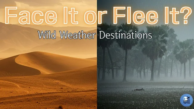 Split image of a desert sand dune and a tropical rainstorm, representing extreme travel climates