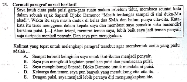 CONTOH SOAL MELENGKAPI PARAGRAF NARASI DAN PEMBAHASAN