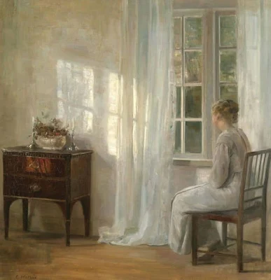 Lady by a window painting Carl Vilhelm Holsoe