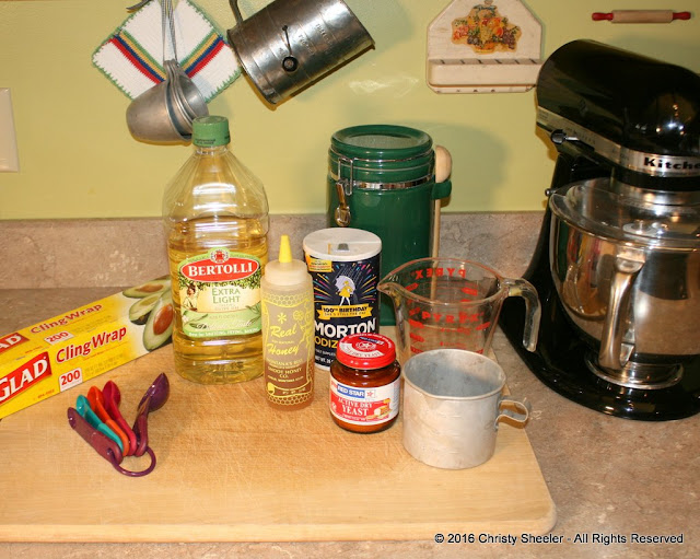 Ingredients set out on counter.  Party Pizza recipe ingredients: flour, salt, yeast, honey, warm water, olive oil.