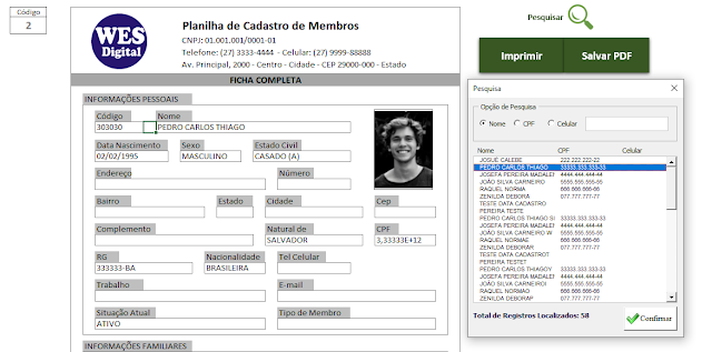 ficha de membro excel