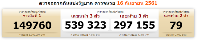 Thai Lottery Result 16-09-2018