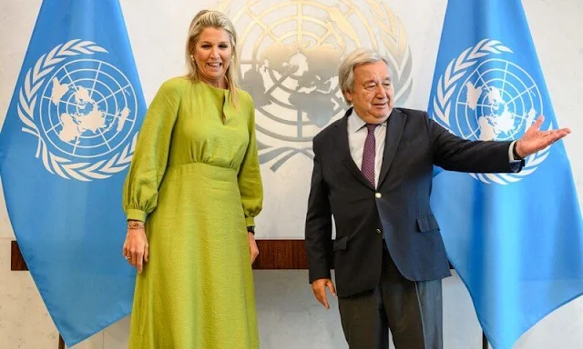 Queen Maxima wore a new olive Tasha viscose maxi dress by Natan. UN Secretary-General Antonio Guterres