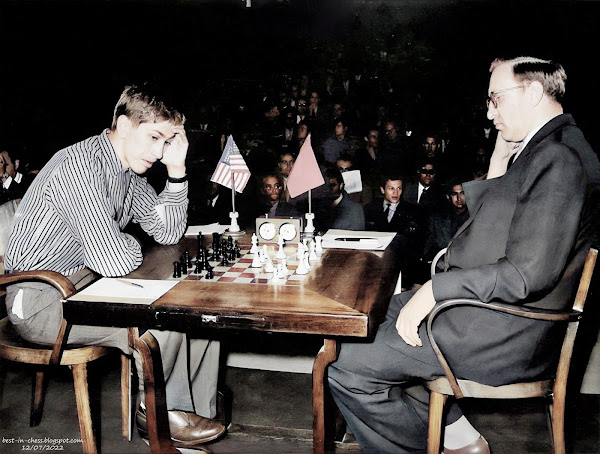 Vasily Smyslov and Bobby Fischer at the Bled-Zagreb-Belgrade Candidates, 1959.