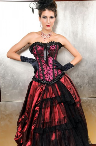 Romantic Black and Red Satin Gothic Overbust Corset