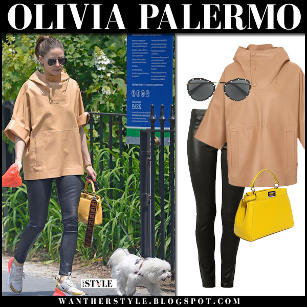 Olivia Palermo in beige leather jacket and black leather pants walking her  dog in NYC ~ I want her style - What celebrities wore and where to buy it.  Celebrity Style