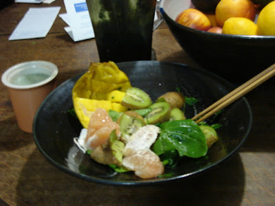 food, kiwi, mango, spinach leaves and grapefruit.