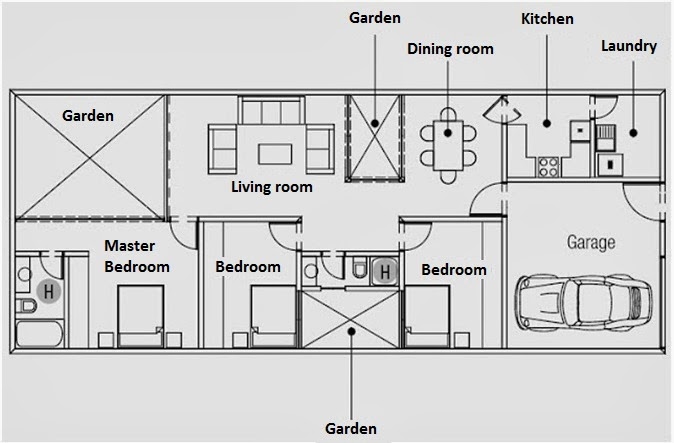 Plans of one storey house in 160 m2 land. Home has three bedrooms.