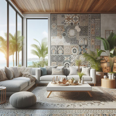 Desain ruang tamu Tropis dengan Dinding Keramik Mosaic