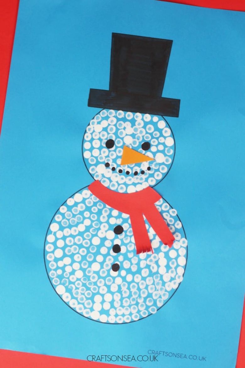 Cotton bud painting snowman craft for kids