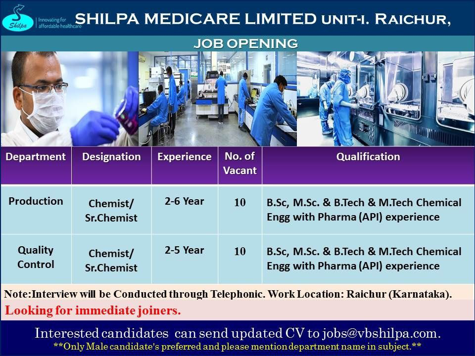 Job Availables,Shilpa Medicare Limited Job Vacancy For B.Tech/ M.Tech Chemical Engineering/ BSc/ MSc