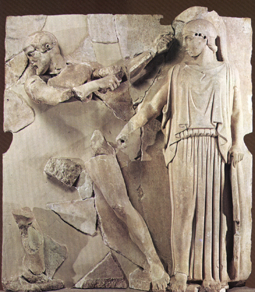 Μετόπη από τον ναό του Διός στην αρχαία Ολυμπία με τον άθλο του Ηρακλή για τον καθαρισμό του κόπρου του Αυγεία, 460 π.Χ.