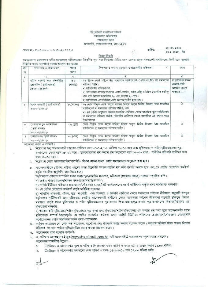 অফিস সহকারী কাম কম্পিউটার অপারেটর পদে সমাজসেবা অধিদপ্তরে চাকরির নিয়োগ বিজ্ঞপ্তি ২০১৮