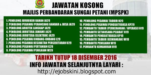 Jawatan Kosong Majlis Perbandaran Sungai Petani (MPSPK) - 18 Disember 2016