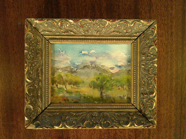 Index card #7, watercolor on watercolor paper, quick watercolor sketch, gold frame Christy Sheeler artist 