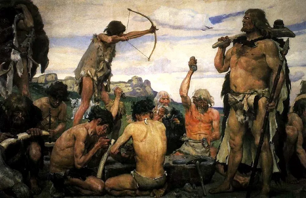 Imagem de uma representação da vida na Idade da Pedra, mostrando animais e humanos em um ambiente natural.