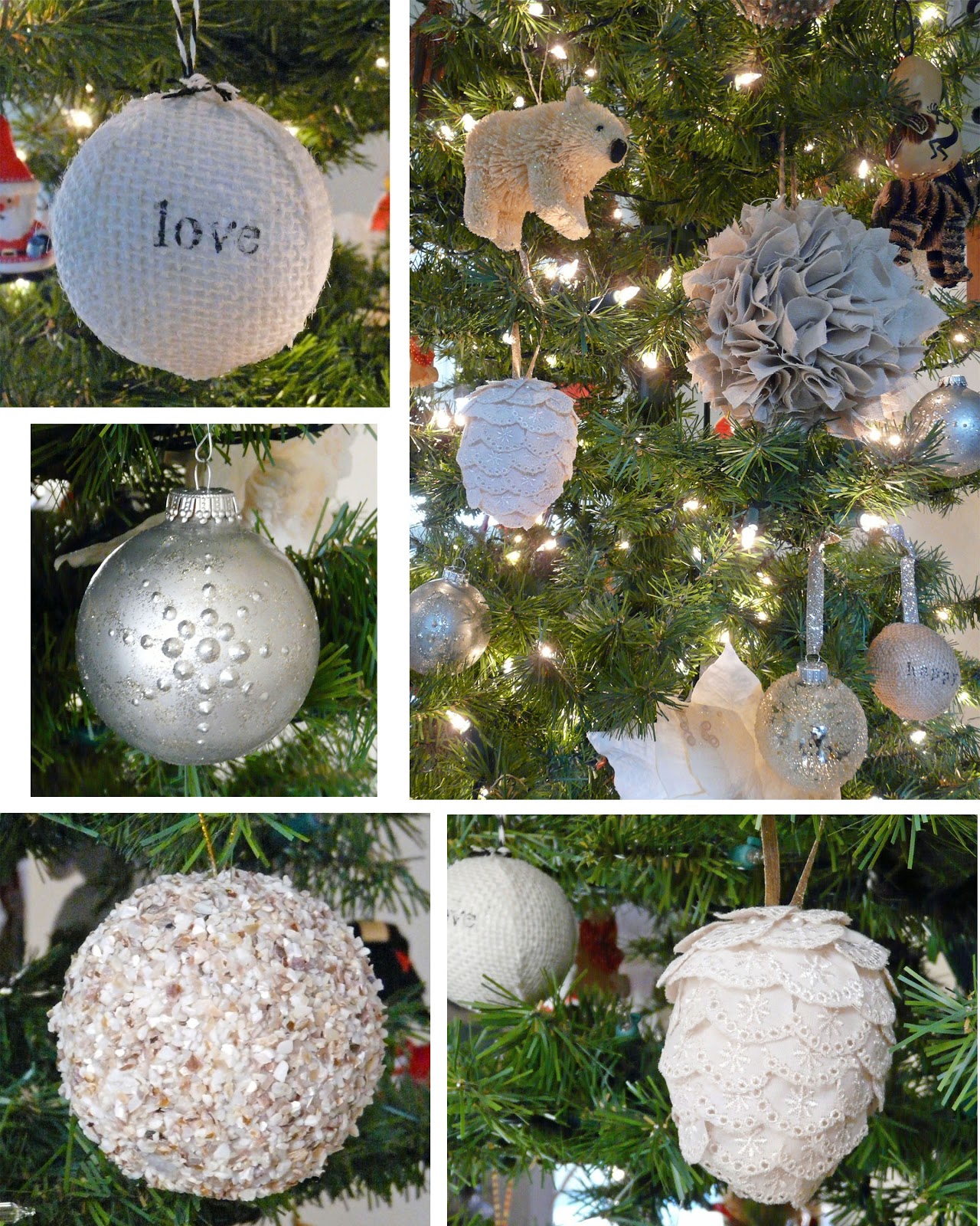 clockwise from top left burlap stamped ornament giant muslin ornament lace pinecone crushed shell ornament old ornament upcycled with puffy paint