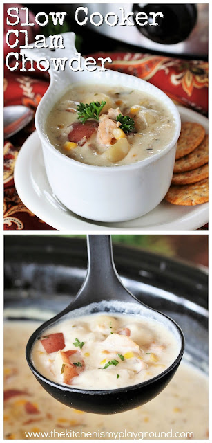 Slow Cooker Clam Chowder ~ This easy Slow Cooker Clam Chowder recipe delivers up classic New England-style deliciousness, with a little unexpected ingredient for extra creaminess and flavor.  www.thekitchenismyplayground.com