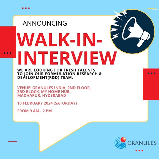 Granules India Limited | Walk-in interview for Freshers in R&D on 10th Feb 2024