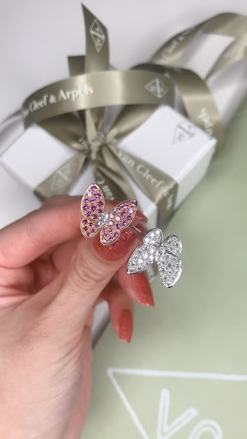 Van Cleef Two Butterfly Sapphires and Diamond Between the Finger Ring