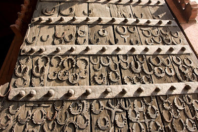 The carvings on the wooden door at the entrance to Fatehpur Sikri