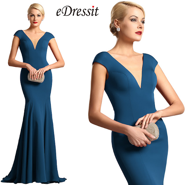  capped sleeves plunging neckline blue formal dress