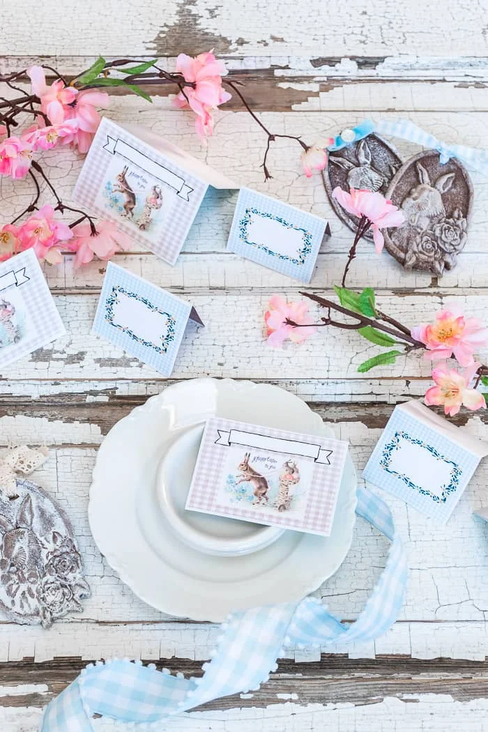 vintage bunnies, chippy wood, gingham place cards, ironstone, cherry blossoms