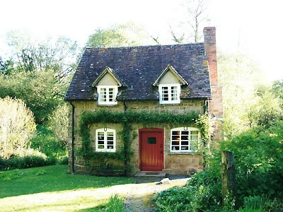 cabin stone, red front door, country stone house, cottage dormer windows