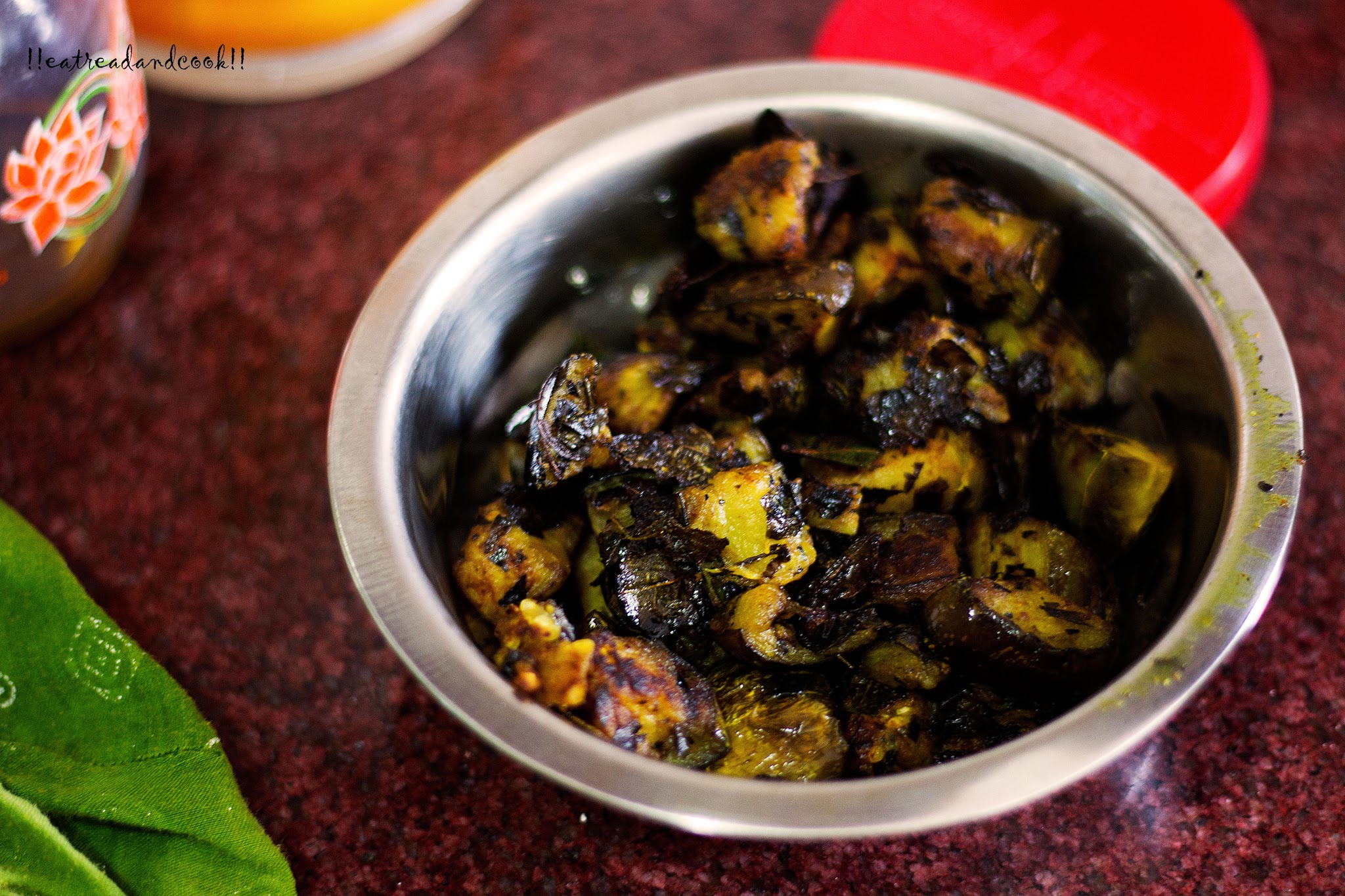 how to make Neem Begun Bhaja / Bengali style stir fried Neem leaves with eggplant recipe and preparation with step by step pictures