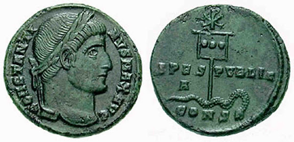 Imagen 208B | Follis emitido por Constantino en Constantinopla en 337, con un chi-rho en un lábaro. | Classical Numismatic Group, Inc. / Attribution-Share Alike 3.0 No exportado