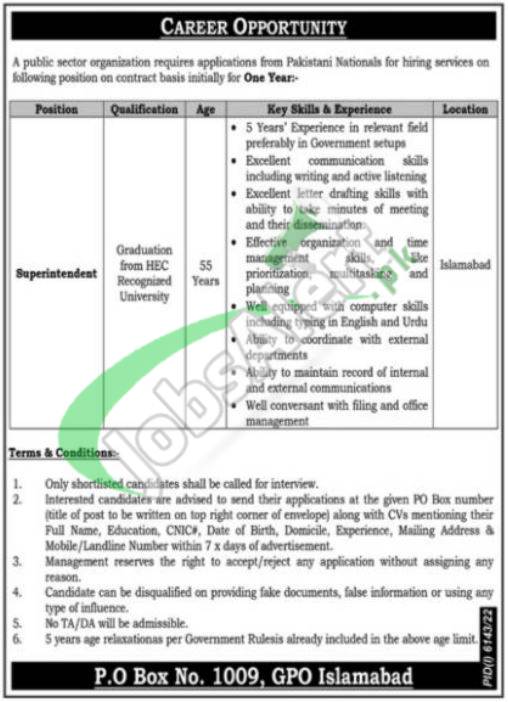 Public Sector Organization Jobs 2023 PO Box 1009 GPO Islamabad