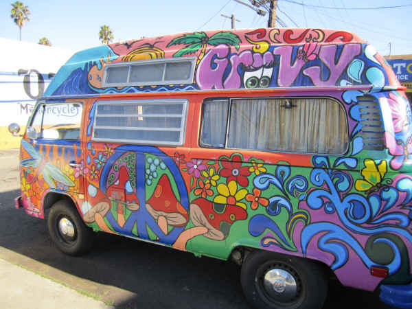 VW bus with hippie style paintings on the side