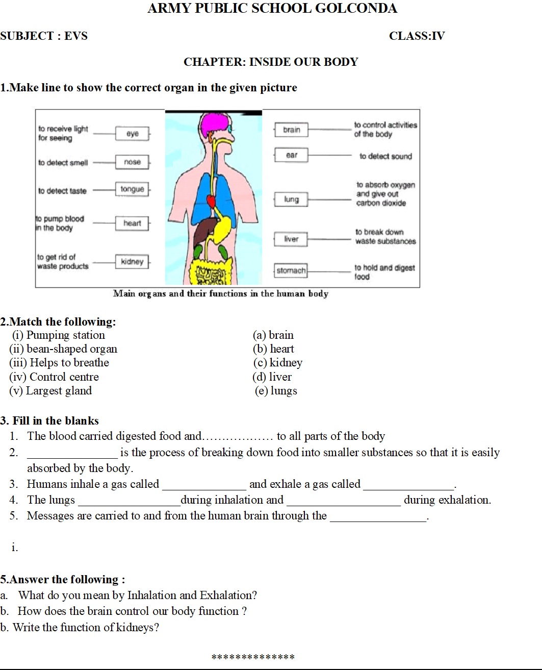 class iv evs worksheet no3 topic inside our body