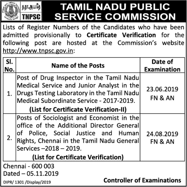 TNPSC Results and CV Notification for Drug Inspector, Junior Analyst, Sociologist, Economist 2019