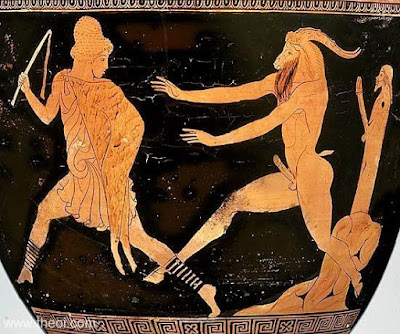 Homossexualidade na Grécia Antiga - Pã excitado perseguindo um jovem pastor, século 5 AEC, Falo ereto