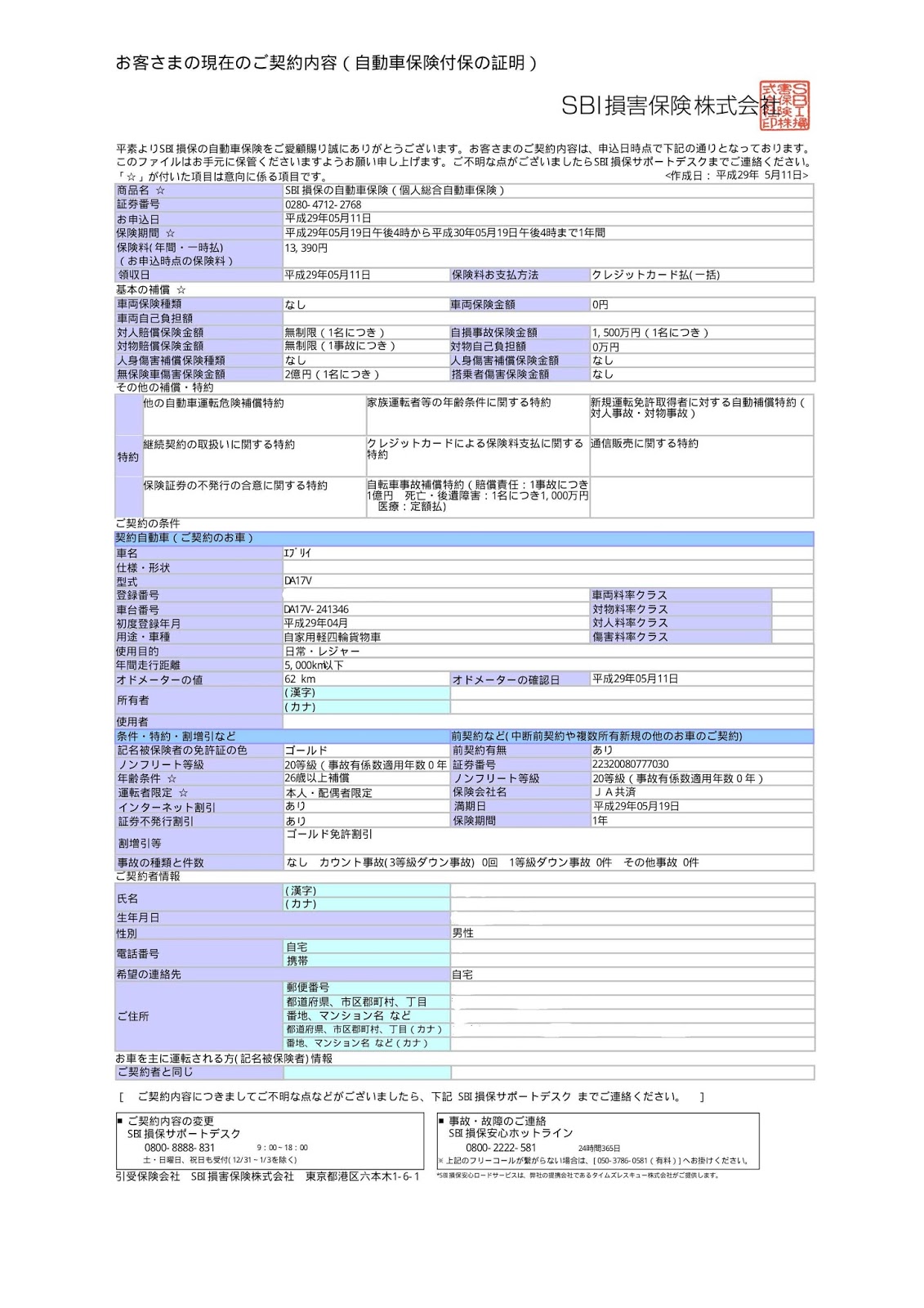 車中泊車両自動車保険をsbi損保で契約 車中泊車両自動車保険をsbi損保で契約
