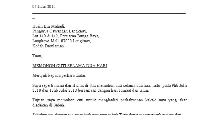 Contoh Surat Memohon Cuti Balik Kampung - Rasmi Re