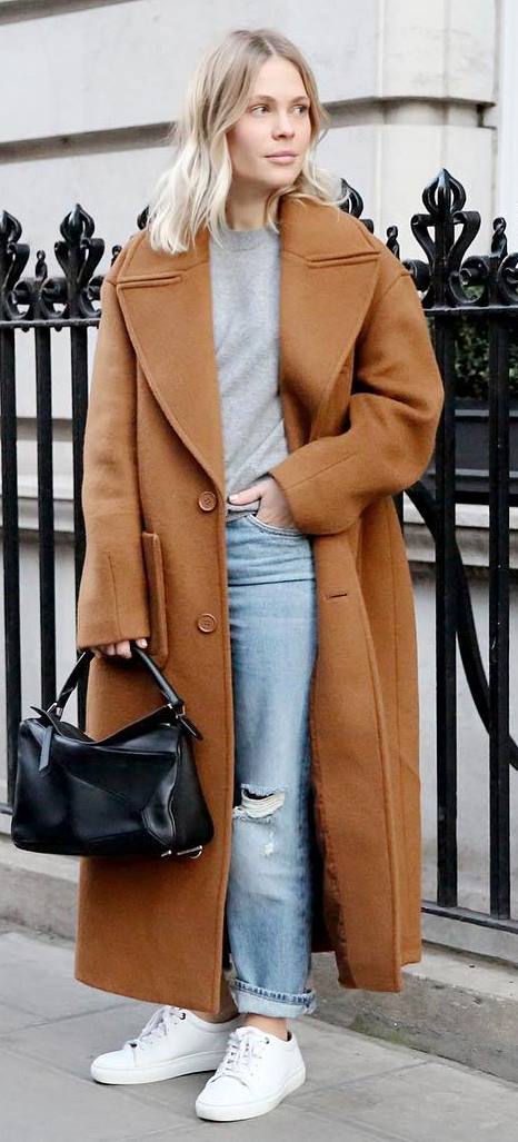 fall fashion trends: brown coat + bag + top + ripped jeans + sneakers