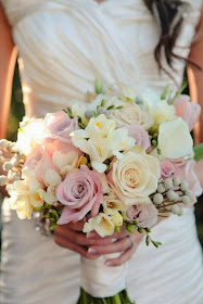 Pastel roses and fresia wedding bouquet