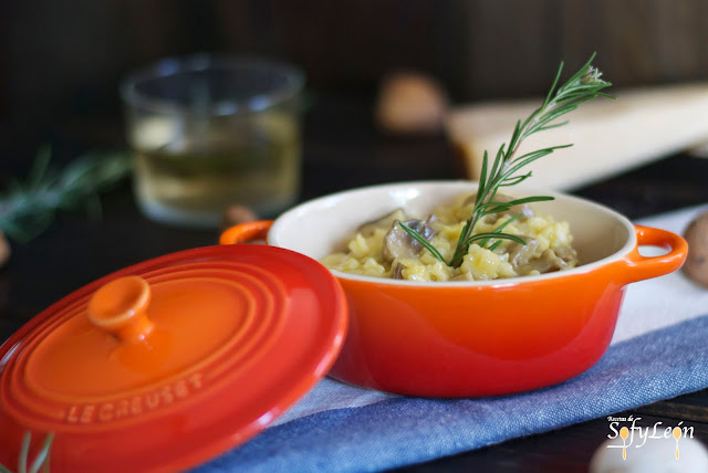 Risotto de setas en primer plano.