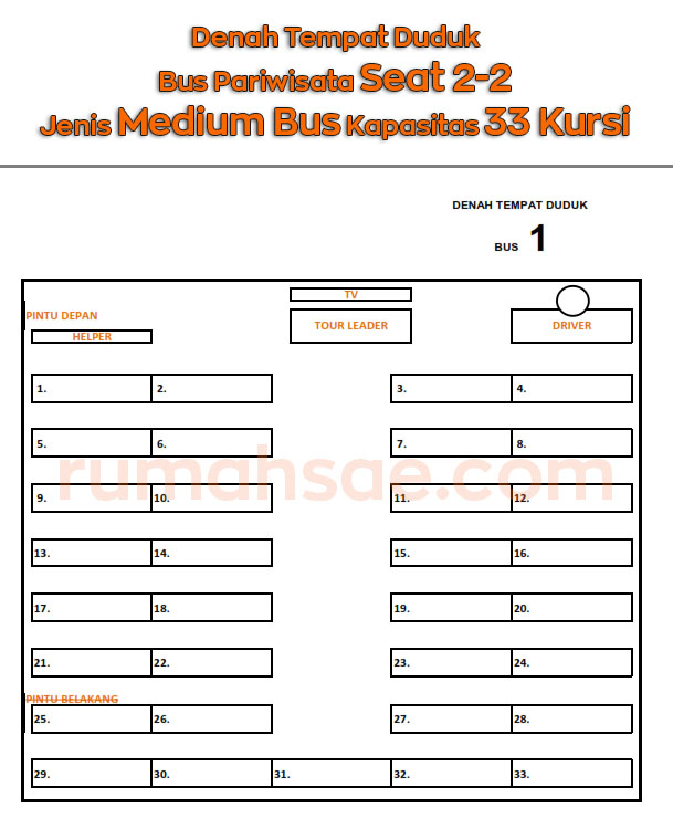 Denah Tempat Duduk Bus Pariwisata Medium Seat 2-2