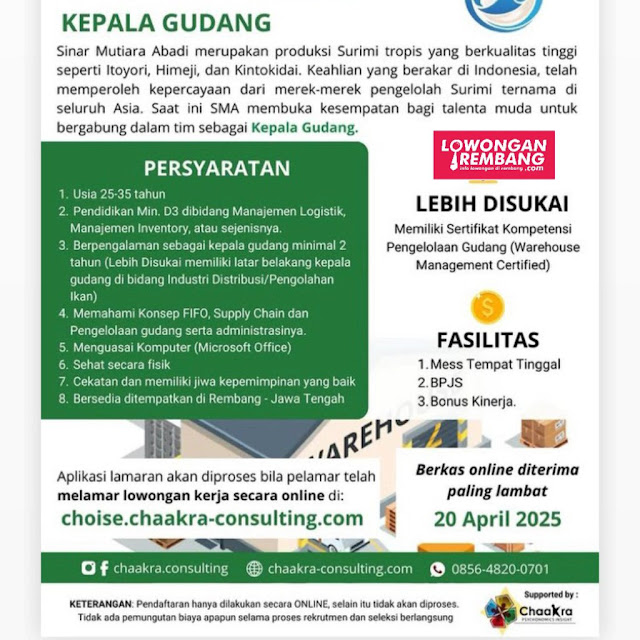 Lowongan Kerja Pegawai Kepala Gudang PT Sinar Mutiara Abadi Rembang