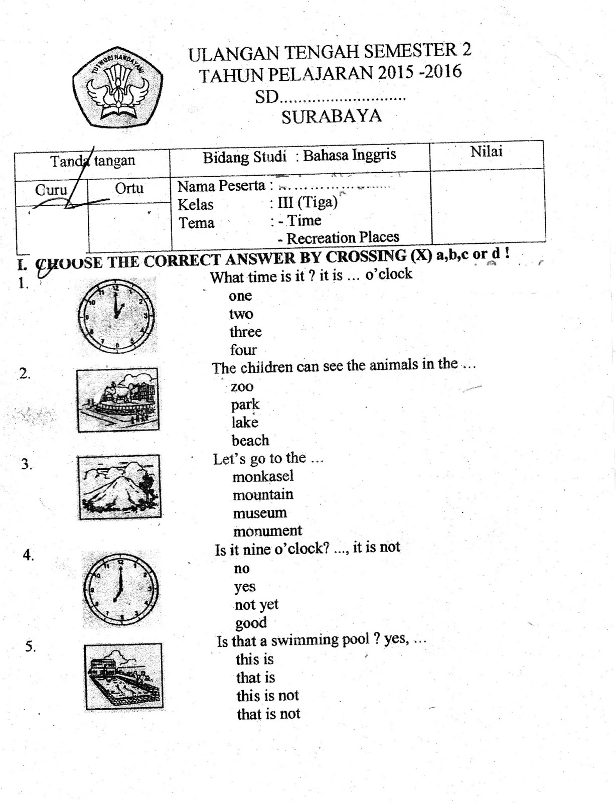 UTS BhsInggris semester GENAP ta sd kelas 3 kurikulum2013