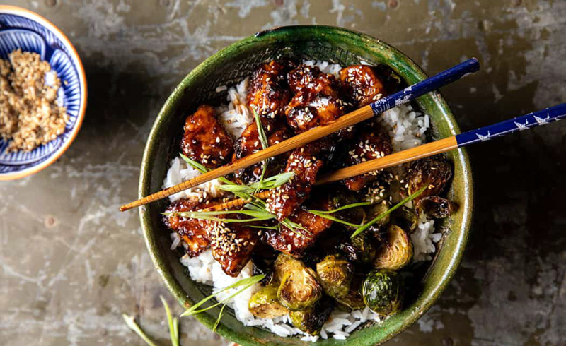 Sheet Pan Sticky Ginger Sesame Chicken and Crispy Brussels Sprouts